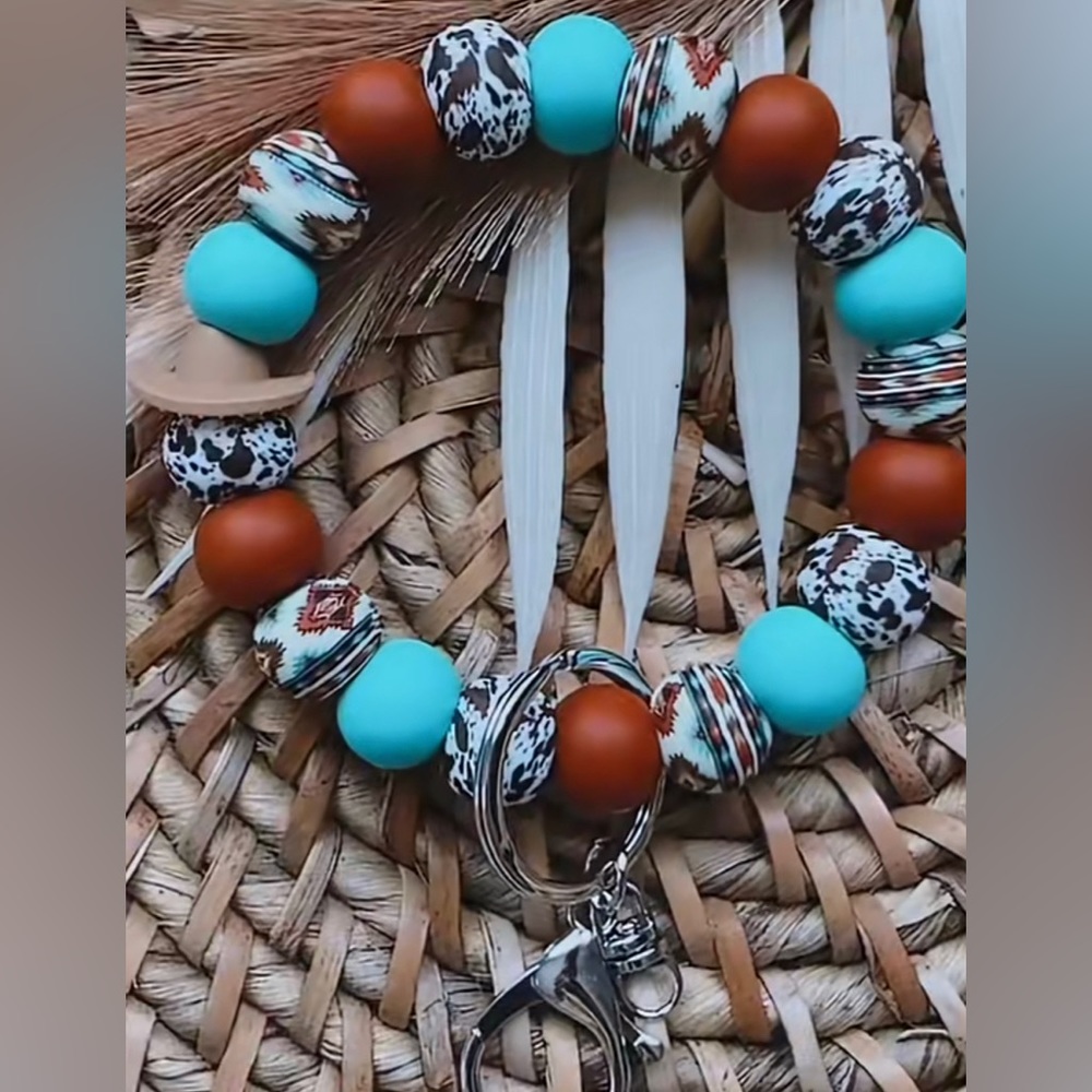 Aztec cow print with turquoise wristlet keychain